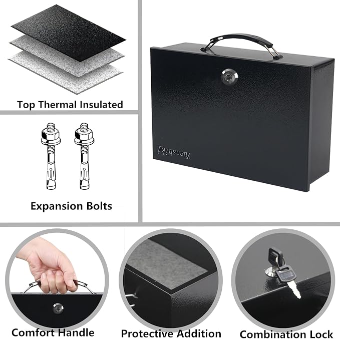 Yuanshikj Fireproof Key Lock Steel Security Safe Box, 0.38 Cu Ft, Black | Portable,Fire Resistance,13.2" W x 11" D x 4.5" H,With Carrying Handle, for Personal Items, Documents,Cash,Jewelry, Money - Image 2