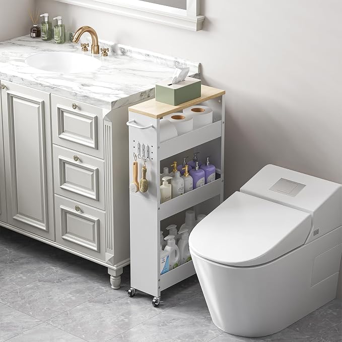 CHLORYARD Slim Storage Cart, 4-Tier Kitchen Rolling Cart Narrow Storage Cabinet with Handle & Wheels, Metal Rolling Shelf Unit for Kitchen Bathroom Laundry Small Places (5.9IN White/Natural) - Image 7