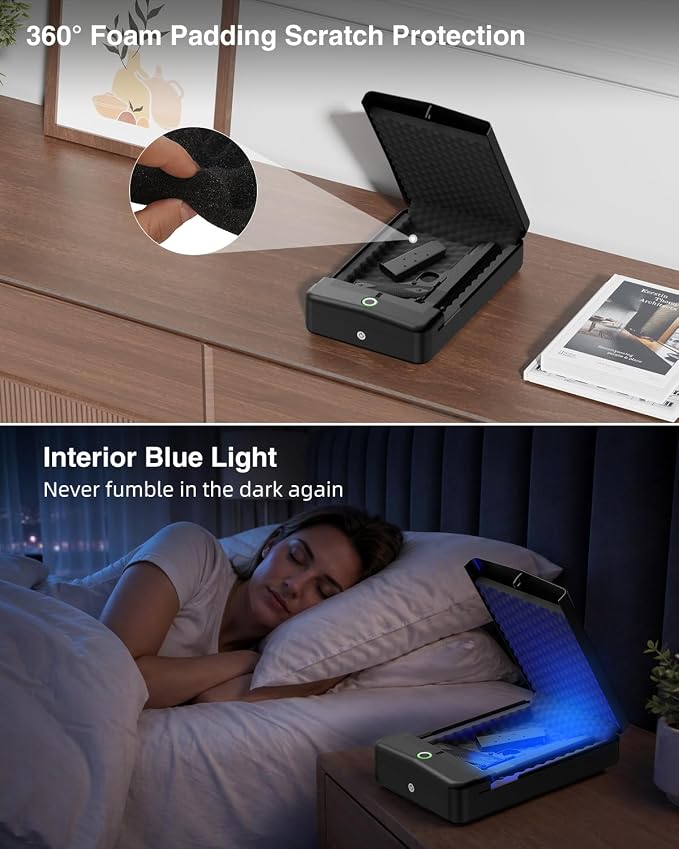 Gun Safe, Small Pistol Safe Biometric Gun Safe for Handgun, Portable Fingerprint Quick Access Gun Lock Box for Car Travel Nightstand Bedside - Image 5