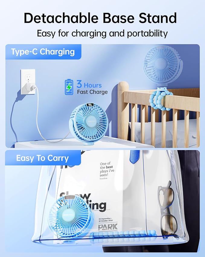 SWEETFULL Portable Stroller Fan with LED Display, 4 Speed Rechargeable Mini Clip On Fan,Built-in Non-Removable Rechargeable Battery，Sealed housing - Image 6