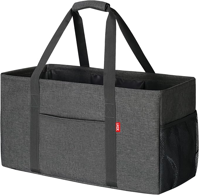 LHZK Standing Extra Large Utility Tote Bag with Metal Wire Frame and the Sides Rinforced, Extra Large Tote Bag with Handle, Reusable Grocery Bags Foldable, Beach Bag, Car Tote (Grey) | Metal Wire Frame by LHZK