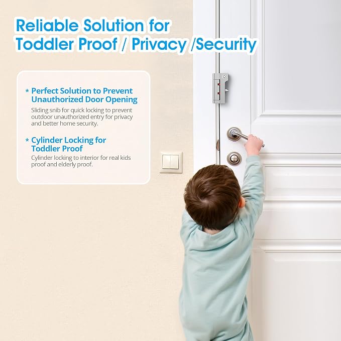 AST Home Security Door Reinforcement Lock, 1 Pack, Indoor Use, Childproof | Safety door lock, toddlerproof security latch, kidproof door stopper with cylinder and snib, made of zinc alloy, matte silver - Image 2