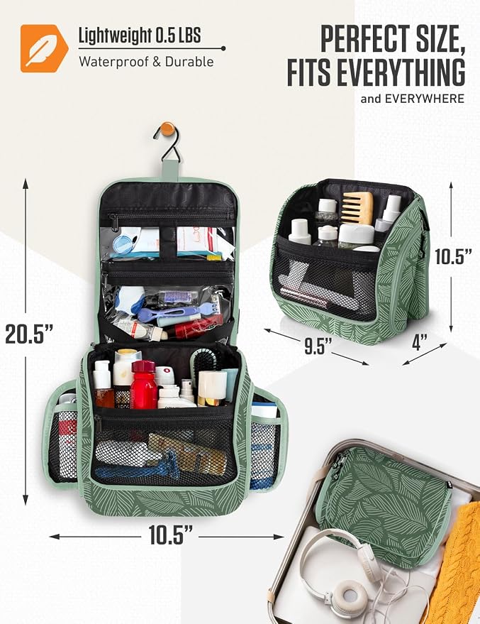 VENTURE 4TH Hanging Travel Toiletry Bag, 17 Compartments - Green Leaves | Hangs on rails, hooks or doors; stands upright too. Removable TSA pouch. Water-resistant 900D Nylon, reinforced stitching. - Image 2