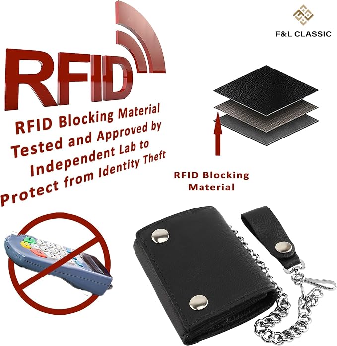 RFID Blocking Men's Tri-fold Vintage Biker Cowhide Leather Steel Chain Wallet,Snap closure, Made In USA,GL315,black - Image 7