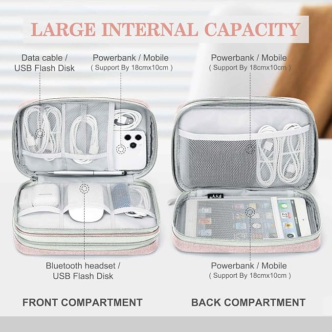 FYY Electronic Organizer, Travel Tech Pouch Bag, Large, Light Pink | Wrist Strap, Waterproof, Double Layers Portable Electronics Travel Carrying Case for Cord, Charger, Daily Business Trips Use - Image 3