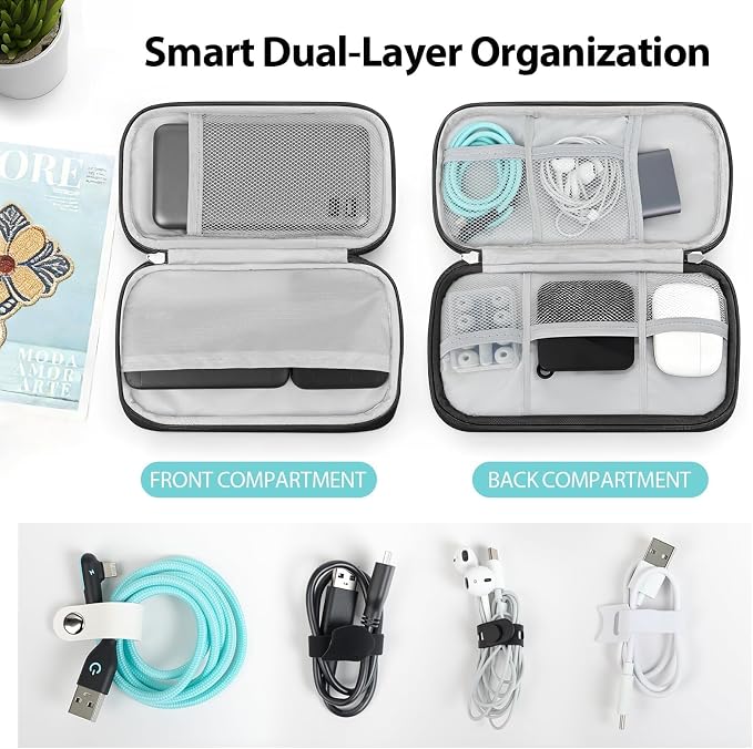 Double Layer PU Leather Electronics Organizer Bag, Midnight Black | Water-resistant pouch with 8 anti-tangle compartments, padded lining and cable ties to protect chargers and 3ft+ cords. - Image 2