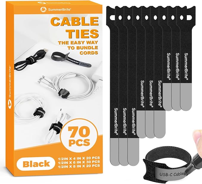 SummerBrite 70 Pack Black Cable Ties Assorted Sizes (4, 6, 8 Inch) with Writable Labels, Reusable Cord Organizer Straps, Hook & Loop Wire Management for PC Desk Setup, Home Office & Electronics by Summerbrite