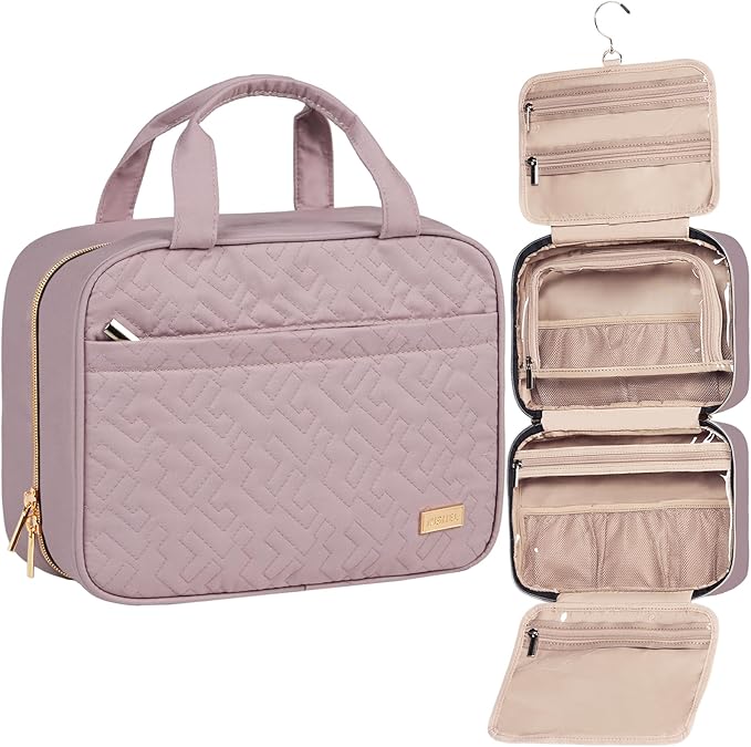 NISHEL Travel Toiletry Bag for women, Portable Hanging makeup Organizer | for Travel-Sized Shampoo, Conditioner, Brushes Set, makeup Accessories, Medium Size, Peach Pink by NISHEL