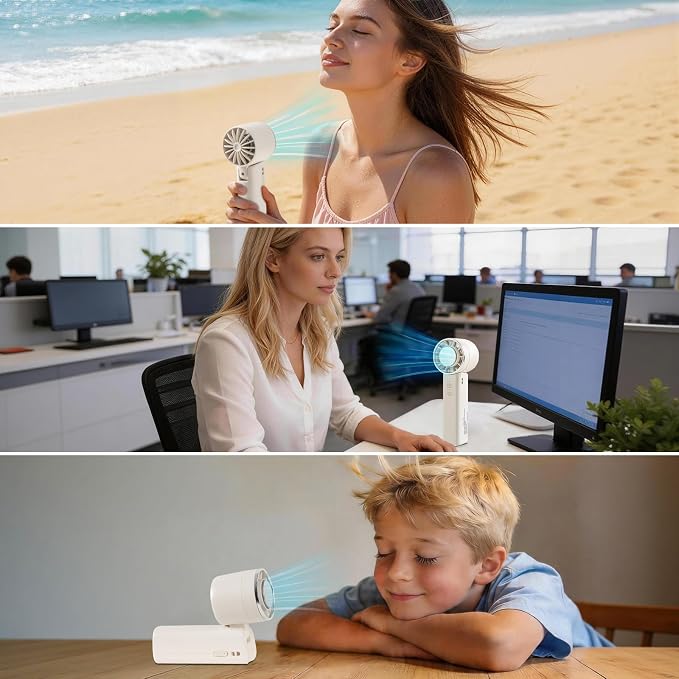 Hand Held Fan - 4 Speeds Adjustable 4800mAh,Foldable,Lightweight Neck-Worn Design,Beach Vacation Essentials,Portable Fan for Travel,Cooling for Camping Outdoor and Indoor - Beige - Image 4
