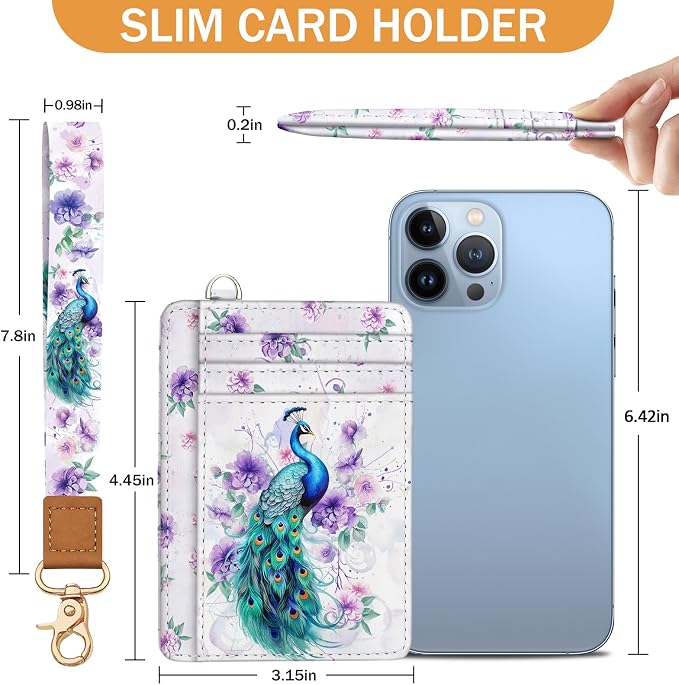 Yonlevres Peacock Credit Card Holder Slim RFID Wallet Women Wristlet Small | Front Pocket, Handy, RFID Blocking, Woman Girls Ladies Gifts, D-ring for Keychain,Thin Mini Card Case, ID Window, PU Leather - Image 6