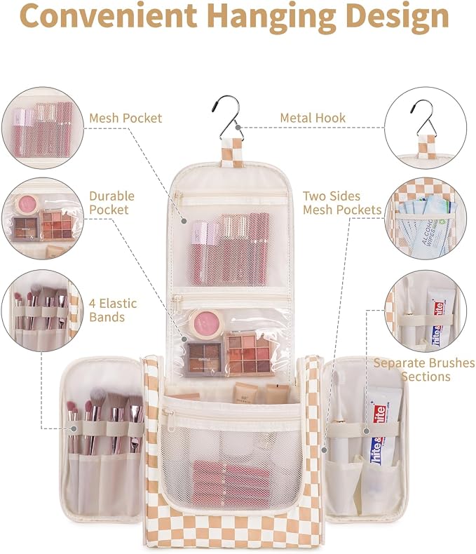 Narwey Checked Hanging Travel Toiletry Bag for Women, Travel Bag for Toiletries, Makeup Bag Organizer Cosmetic Bags Make Up Bags for Women (Light Checkerboard) - Image 2