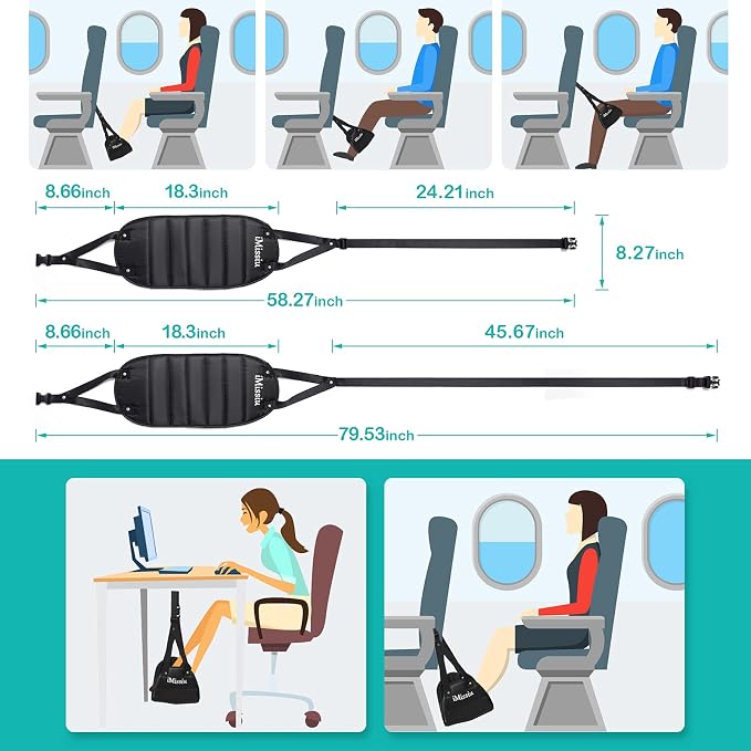 Airplane Foot Hammock | Adjustable Travel Footrest with Memory Foam | Portable Footrest Under Desk for Work Or Travel Relaxation | Comfortable Flight Carry-on Foot Rest - Black - Image 3