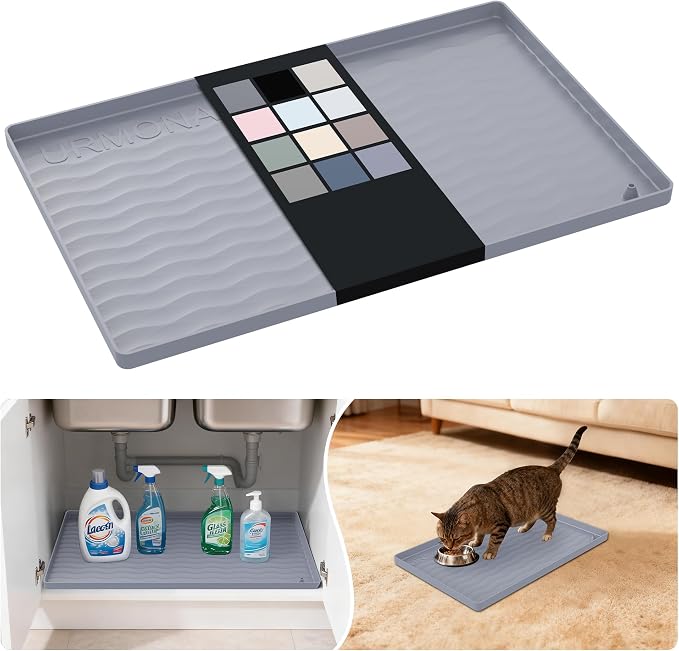 URMONA Waterproof Silicone Under Sink Mat 19'' x 12'' Shelf Liner for Kitchen and Bathroom, Cabinet and Counter Protector, Storage and Organizers, Litter Mat, Pet Cat Puppy Essentials(Light Grey) by URMONA
