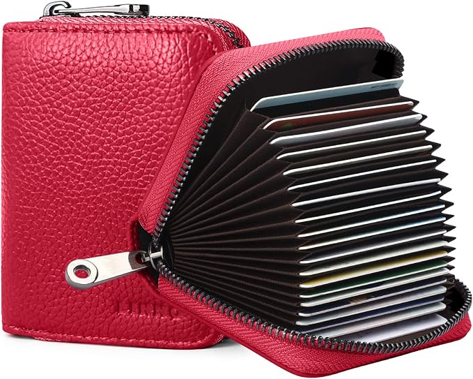 Linno RFID 20 Slots Credit Card Holder Genuine Leather Small Wallet for Women or Men with Zipper by Linno