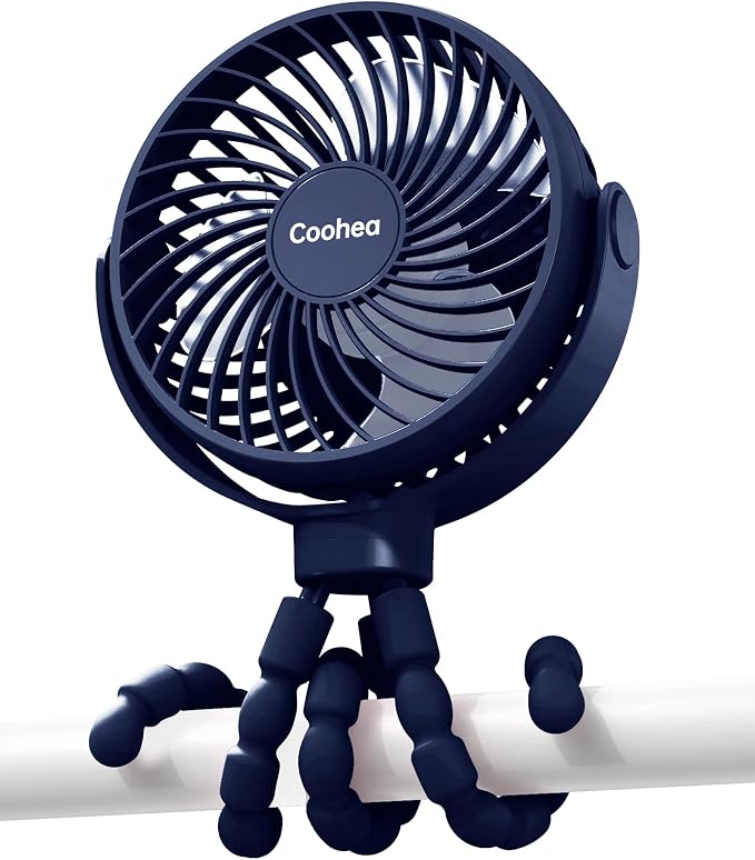 Coohea Clip on Stroller Fan, Rechargeable Long-Lasting Power Wind Fan | 4000mAh Battery Operated, 360° Rotatable Flexible Tripod, 3 Adjustable Speed, Portable Fan for Car Crib Backseat Beach Travel by Coohea