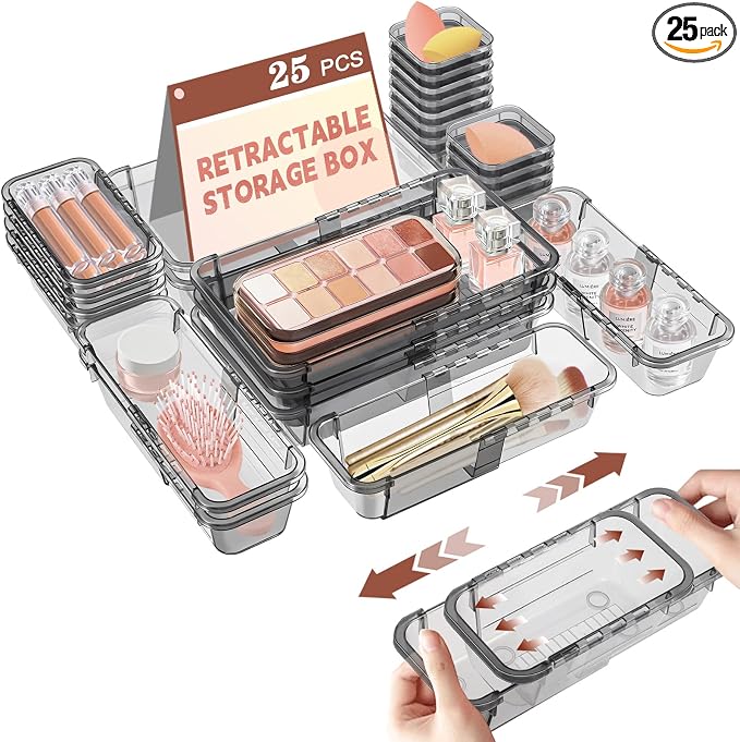25 Pcs Clear Drawer Organizer, Adjustable Drawer Storage Box, 3-Size Desk Drawer Organizer, Acrylic Storage Bins for Makeup, Kitchen Utensils, Bedroom Dressers Tool Organizer for Gadgets, Black by Hiitytin