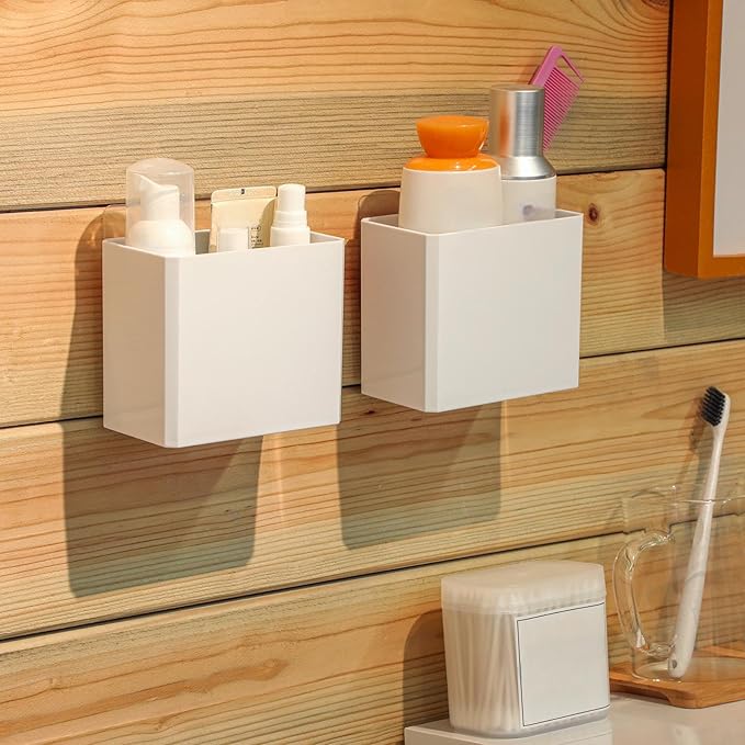 2 Pcs Wall Mounted Organizer Non-Drilling Adhesive Floating Shelf White Wall Bin Organizer Hanging Storage Containers for Bedroom Bathroom Kitchen Office - Image 2