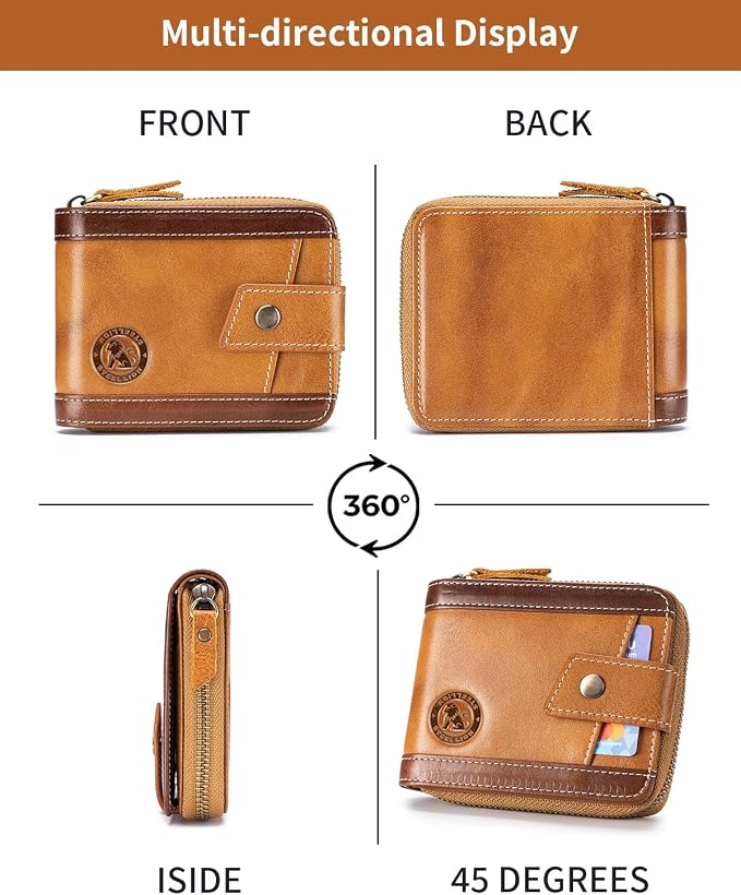 Men's Leather RFID Wallet with Zipper, 14 Card Slots, ID Window | Zippered coin pocket separates loose change; organized for commuting and everyday carry (Brown) - Image 8