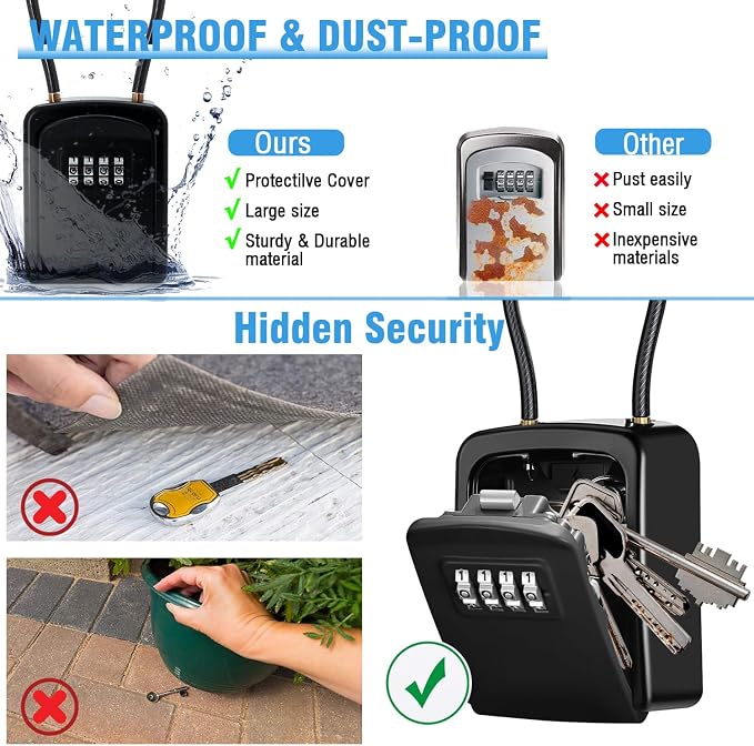 4 Digit Combination Key Lock Box, Portable Key Safe with Removable Cable, Resettable Waterproof Key Storage Box for Outdoor Door Knob Mount, Ideal for Airbnb, Home, Garage, Office & Vacation Rental - Image 3