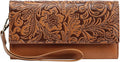 GOIACII Wristlet Wallets for Women RFID Blocking Western Clutch Brown | Embossed Leather, Vintage Design, Trifold, Large Billfolds, Ladies Purses with Zipper Coin Pocket by GOIACII