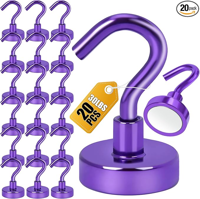 DIYMAG Magnetic Hooks 20pcs 30lbs Cruise Essentials 2026 Magnet Hook Purple | Neodymium Heavy Duty Strong Magnets Hanging Ship Cabins Refrigerator Fridge Classroom Beach Vacation Kitchen Grills Home Tool by DIYMAG