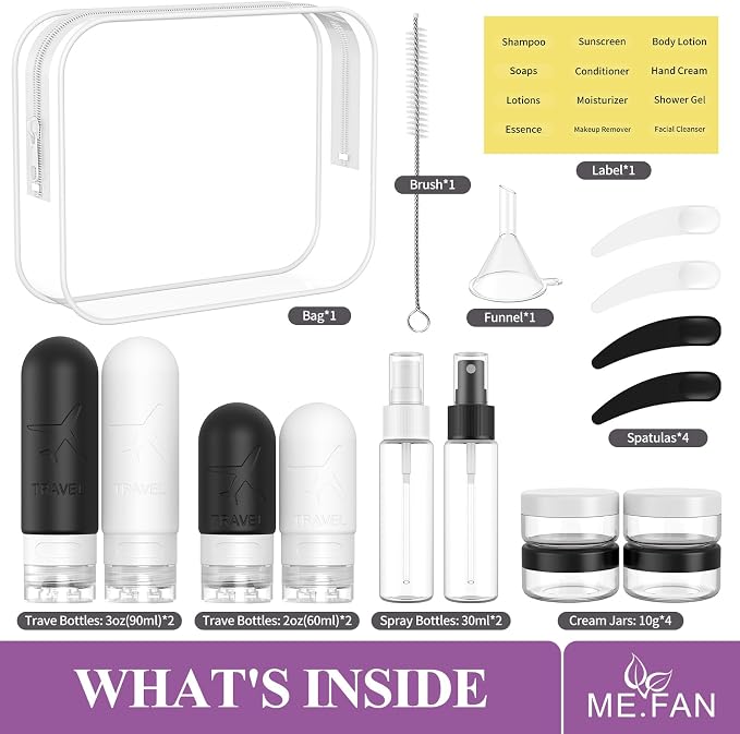 ME.FAN 18 Pack Travel Bottles for Toiletries, TSA Approved, Black/White | Travel Size Containers Set, Silicone Squeezable Portable Split Bottle, Travel Accessories for Conditioner, Shampoo, Lotion - Image 2