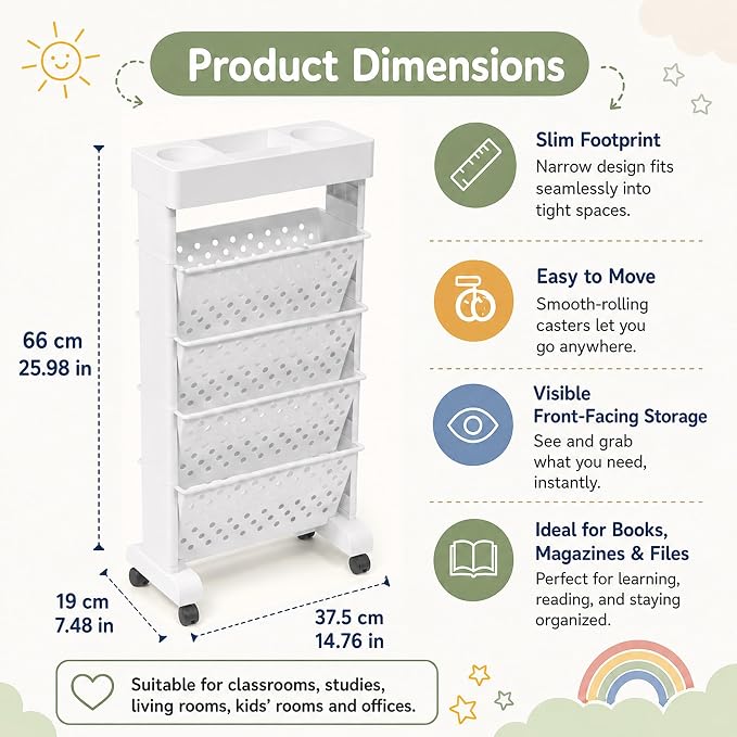 5-Tier Rolling Bookshelf Cart with Wheels, White | Slim Mobile Book Cart, Plastic Magazine Rack Rolling File Paper Organizer for Home Office Study Classroom Living Room - Image 3