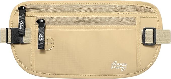 MoKo Travel Money Belt, RFID Blocking Passport Wallet | Slim RFID-blocking money belt has 3 pockets, water-resistant nylon and an adjustable strap for 28-50 in waists by MoKo