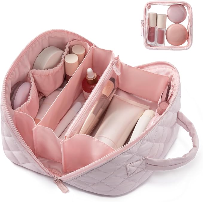 LOVEVOOK Travel Makeup Bag for Women, 2Pcs Puffer Waterproof Cosmetic Organizer, Large Capacity Pouch Open Flat Small Toiletry Bag with Brush Compartment & Handle (Pink, Medium) by LOVEVOOK