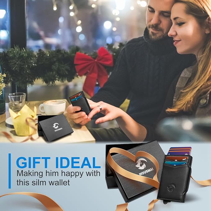 Wallet for Men, Slim Pop Up Card Holder with RFID Blocking, Minimalist Bifold Wallet with 10 Card Slots, 2 ID Window and Money Clip, Metal Flip Case with Magnetic Closure, Gift Box - Image 8