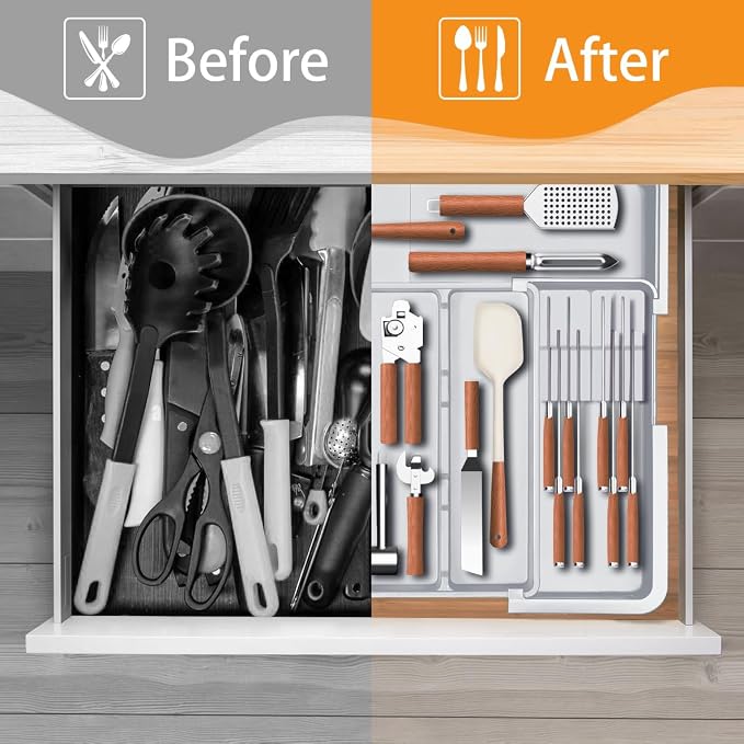Homecor Large Utensil Organizer for Kitchen Drawer, Expandable Silverware Drawer Organizer Cooking Tray, Cutlery and Flatware Utensil Holder Kitchen Spatula Tools Storage with 3 Dividers, Grey - Image 7