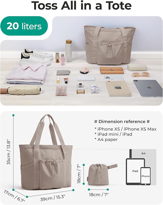 BAGSMART Foldable Tote Bag with Drawstring Bag, Tote Bag Shoulder Bag Top Handle Handbag for Travel, Work, Beach, Gym - Image 3