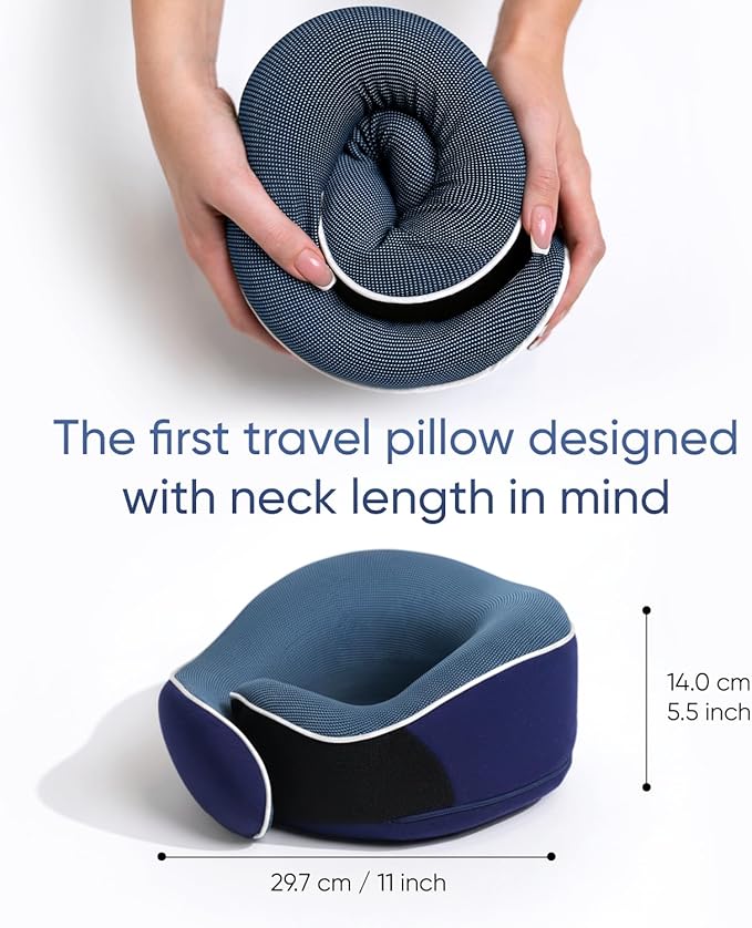 Travel Pillow, Orthopedic Memory Foam Airplane Neck Pillow, Blue | 360 Head Support Travel Set with 3D Contoured Eye Masks, Earplugs and Luxury Mesh Bag, Updated Soft Resting Material - Image 5