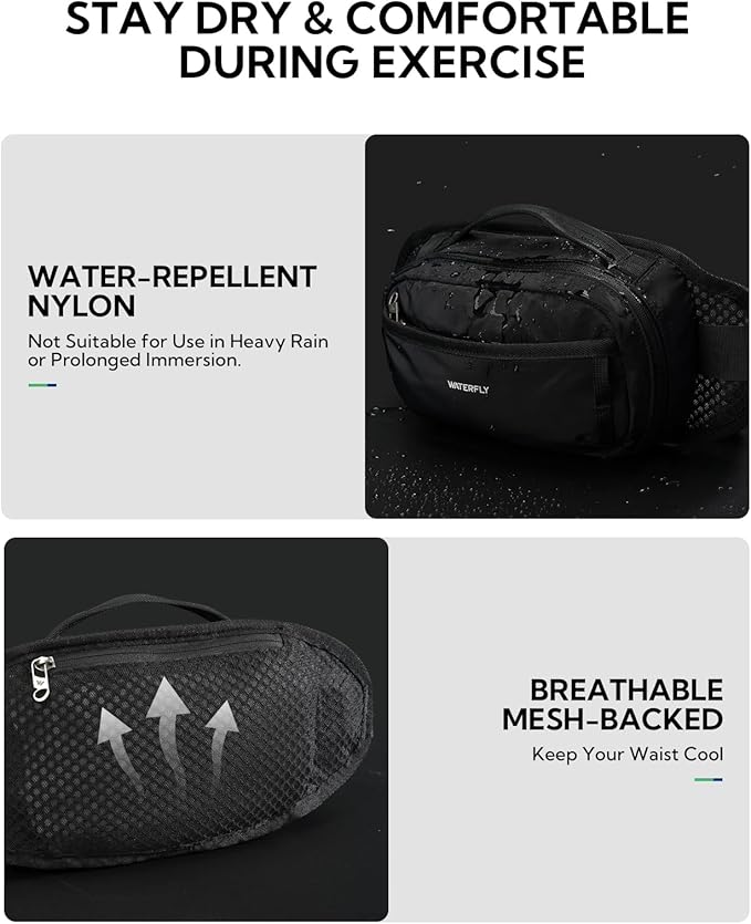 WATERFLY 2.3L RFID Fanny Pack: Anti-Theft Bellows-Style Opening for Hiking | Lightweight Water-Resistant Nylon, Breathable Back Pad, Woven Strap Loops, Key Hook, Travel Camping Cycling, Women Men - Image 6