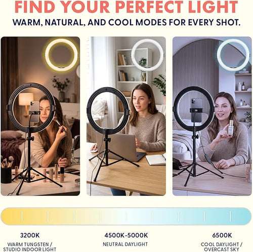11’’ LED 12W Selfie Ring Light with Wired Control, 3 Color Modes, 10 Brightness Levels, Tripod Stand with 6 Sections, Phone Holder, Adjustable Brightness Levels for Influencers, YouTube, TikTok - Image 2