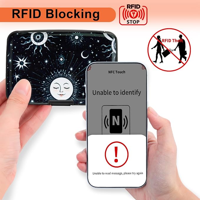Mayski Credit Card Holder for Women RFID Blocking Wallet, Sun Moon | Card Wallets for Women Small Mini Business Metal Accordion Aluminum Alloy Hard Case for Men - Image 2