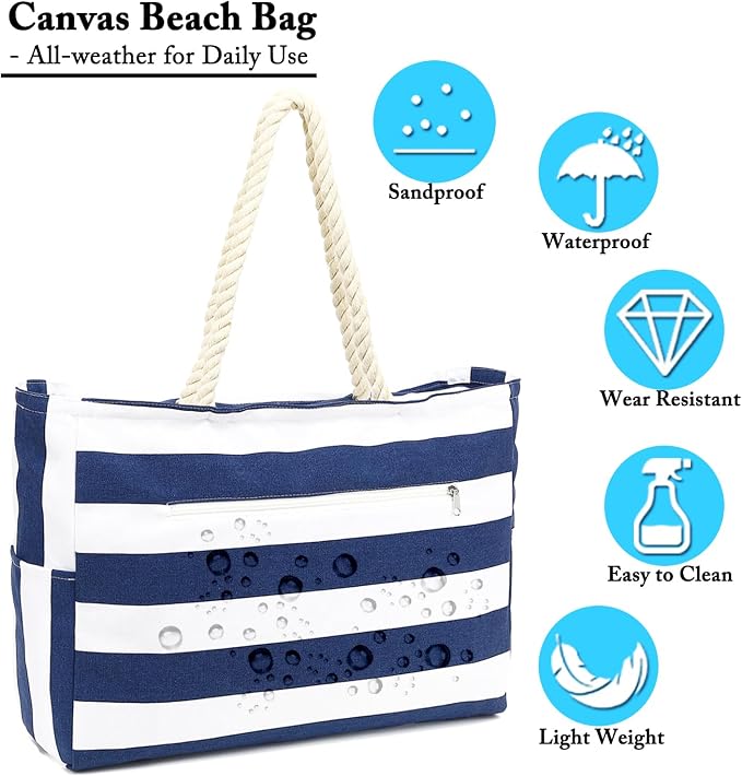 Fammart Beach Bags Waterproof Sandproof for Women, Large Canvas Pool Bag with Leakproof Wet Pocket & Zipper Cruise Essentials - Image 8