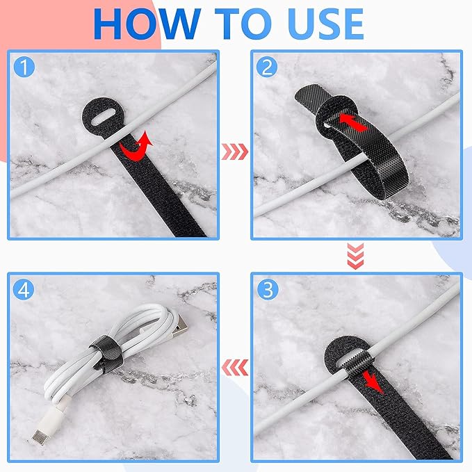 100 x Colourful Reusable Cable Ties, Cable Straps, Adjustable Cable Ties, Strong Hook and Loop Cable Straps with Buckle for TV Cables, PC Cables and Desk Organisation - Image 5