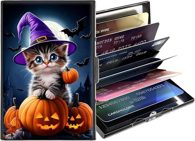 Metal Wallet,Credit Card Holder for Women,Slim RFID Blocking Credit Card Holder Thin Aluminum Wallet ID Case,6 Slot Business Mini Hard Metal Case for Women/Men,Cat Halloween Pumpkin by Unknown