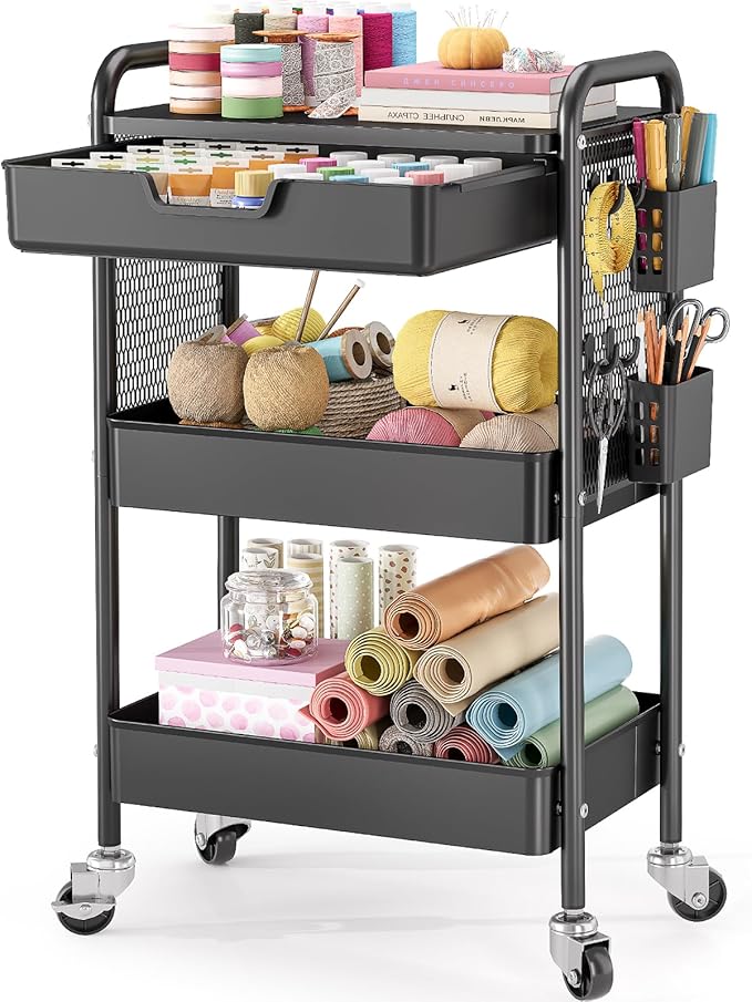 KINGBOARD 3 Tier Metal Rolling Cart with Drawer, Black Utility Storage Cart | 2 Cups & 4 Hooks, Lockable Wheels, Trolley Organizer for Bathroom, Kitchen, Office, Nursery, Dorm, Laundry, Craft Room by KINGBOARD