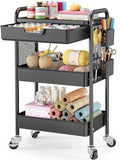 KINGBOARD 3 Tier Metal Rolling Cart with Drawer, Black Utility Storage Cart | 2 Cups & 4 Hooks, Lockable Wheels, Trolley Organizer for Bathroom, Kitchen, Office, Nursery, Dorm, Laundry, Craft Room by KINGBOARD