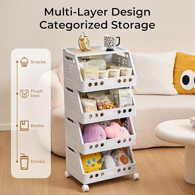 UFORU 4 Tier Rolling Storage Cart,Plastic Open Storage Basket with Wheels | Rolling Storage Shelf for Kitchen,Bathroom,Bedroom and Living Room,Versatile Home Organization for Books,Toys - Image 3