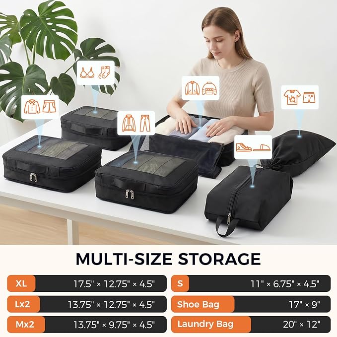 BAGAIL 8 Set Compression Packing Cubes, Expandable Luggage Organizer Bags for Travel Accessories (Black) - Image 4