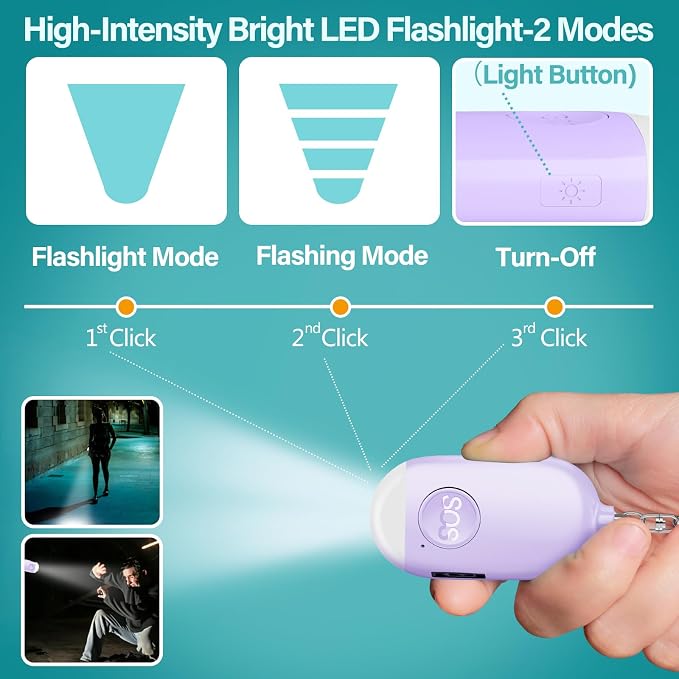 Hion Personal Safety Alarm for Women, Rechargeable 130dB Self Defense Alarm Keychain with LED Flashlight, Emergency Safe Sound Security for Children Elderly College Girls Men, Purple - Image 4
