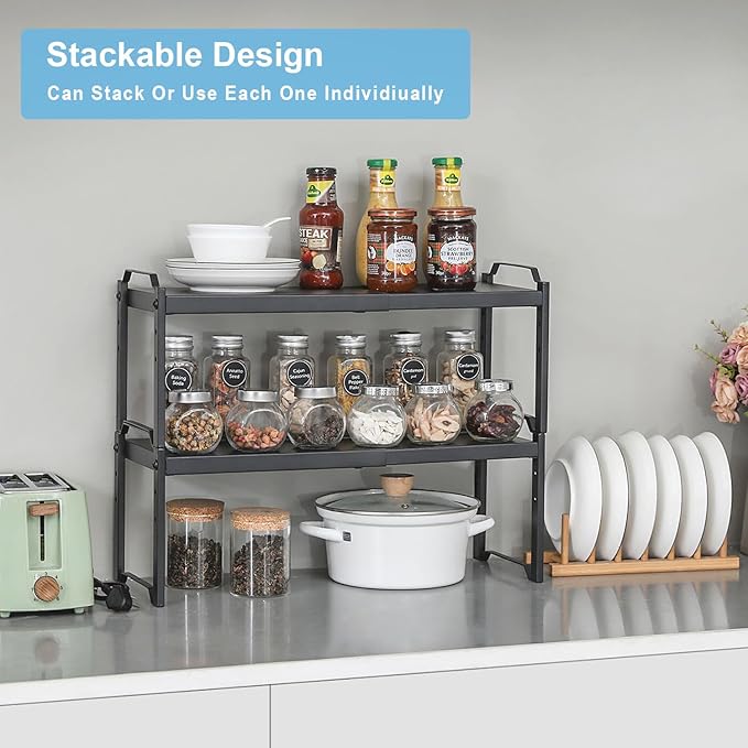X-cosrack 25.5 Inches 2 Pack Expandable Cabinet Shelves, Stackable Shelf Organizer for Kitchen Cabinet Countertop Storage, Adjustable Counter Cupboard Pantry Organizer Shelf Rack Stand Riser, Black - Image 3