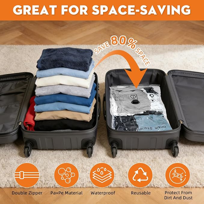 12 Pack Vacuum Travel Bags With Pump,Vacuum Bags For Clothes (4S+4M+2L+2J) | Vacuum Storage Bags For Clothes,Vacuum Compression Bags For Travel and Home Organization - Image 3