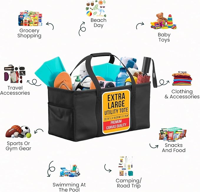 Extra Large Utility Tote Bag - Oversized Collapsible Large Beach Bag, Great for Pool with Sturdy Frame, Extra Side Pockets and Tons of Storage - Image 3