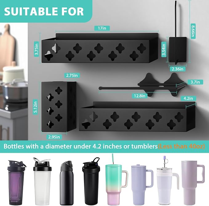 Magnetic Water Bottle Organizer for Fridge, Cup Holder for Stanley 30 40 Oz with Tumbler Lid & Straw & Paper Towel Holder, 8 Tumblers Kitchen Storage Rack for Stanley Cup Accessories, Space-Saving - Image 2
