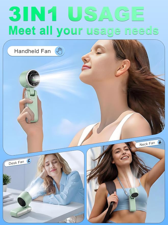 Portable Handheld Turbo Fan, 5 Gear Wind, Battery Operated, Up to 13 Working Hours Rechargeable Fan, 3 IN 1 Hand Fans with Air Turbo Tech Cooling Fan for for Travel, Beach, Outdoor - Green - Image 4