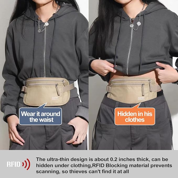 Money Belt - Passport Holder Secure Hidden Travel Wallet with RFID Blocking, Undercover Fanny Pack (Beige) - Image 2
